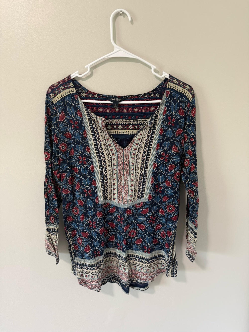 Lucky Brand Boho Floral V-Neck Tunic Top - Blue & Red